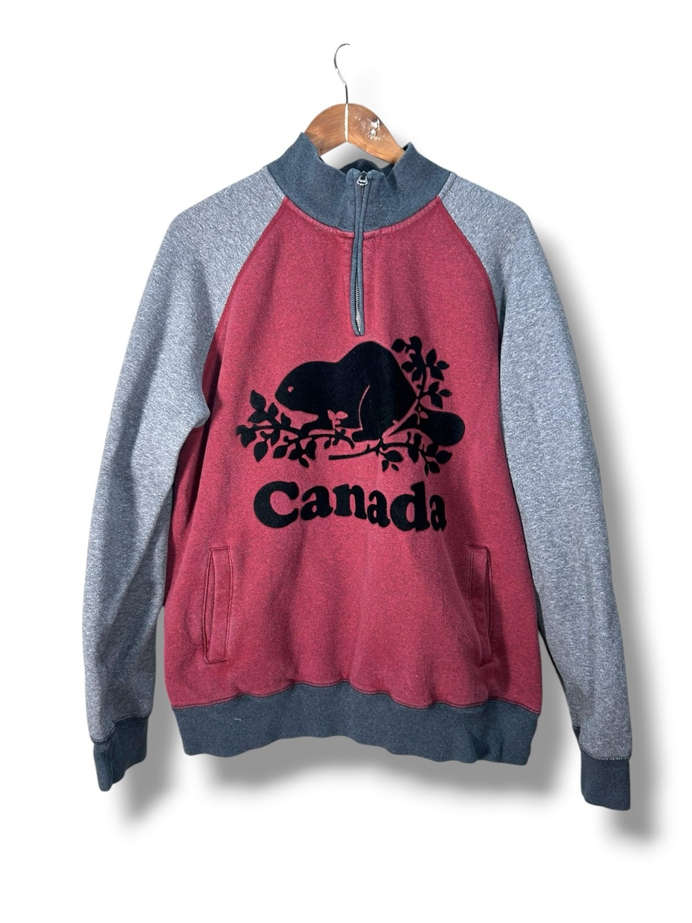 Men’s Roots Canada Quarter Zip Red Gray Pullover Sweatshirt Size XL